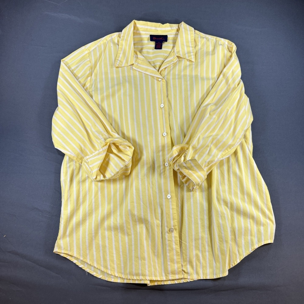 Denim & Co Yellow White Vertical Striped Button Front Shirt 1X